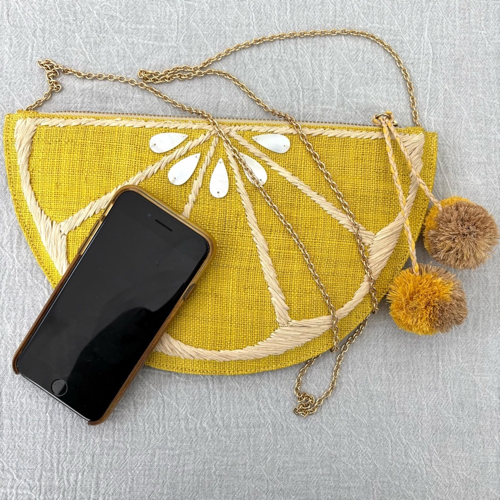 J Crew KAYU Limon Crossbody/Clutch Bag NWOT Yellow Raffia, Mother of Pearl Shell - Picture 3 of 6
